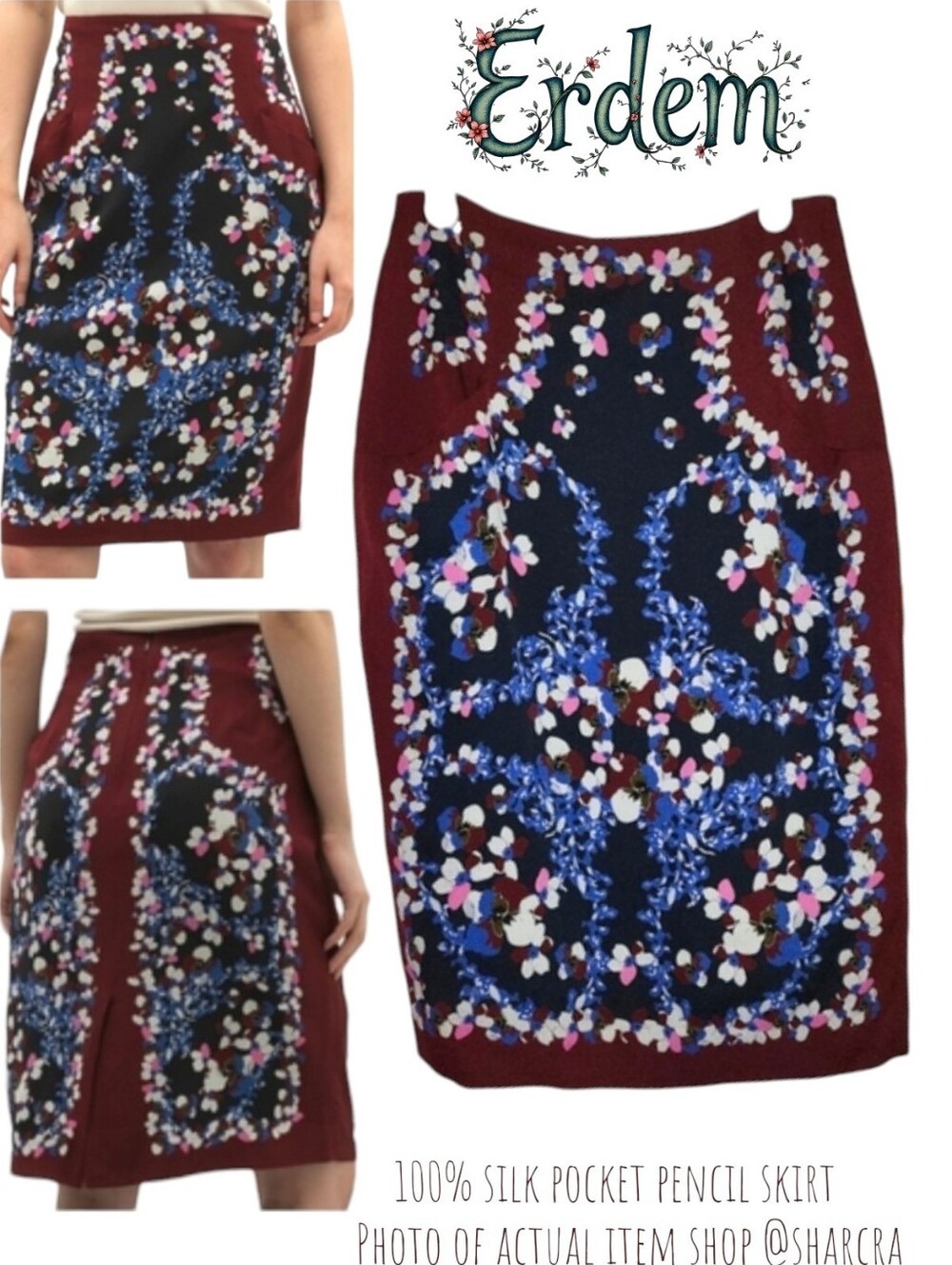Erdem Women's silk Colorful floral Slit pencil Skirt W pockets Blue Wine Pink 4